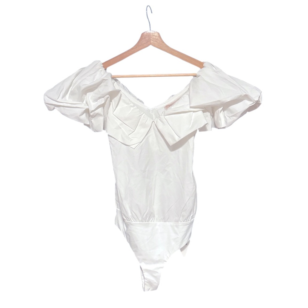 Square Bear “Never Too Much” White Puff Sleeve Bodysuit • NWT • Size S